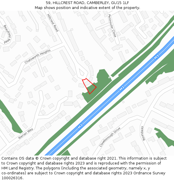 59, HILLCREST ROAD, CAMBERLEY, GU15 1LF: Location map and indicative extent of plot