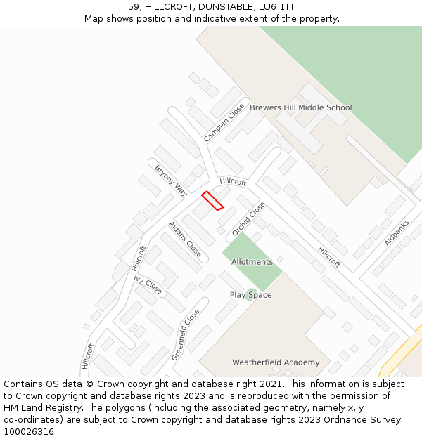 59, HILLCROFT, DUNSTABLE, LU6 1TT: Location map and indicative extent of plot