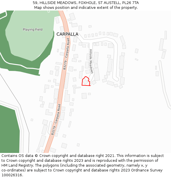 59, HILLSIDE MEADOWS, FOXHOLE, ST AUSTELL, PL26 7TA: Location map and indicative extent of plot