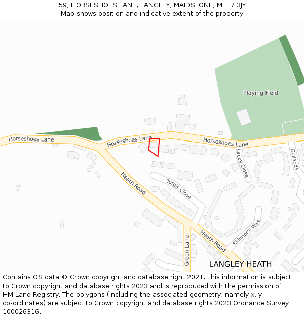 59, HORSESHOES LANE, LANGLEY, MAIDSTONE, ME17 3JY: Location map and indicative extent of plot