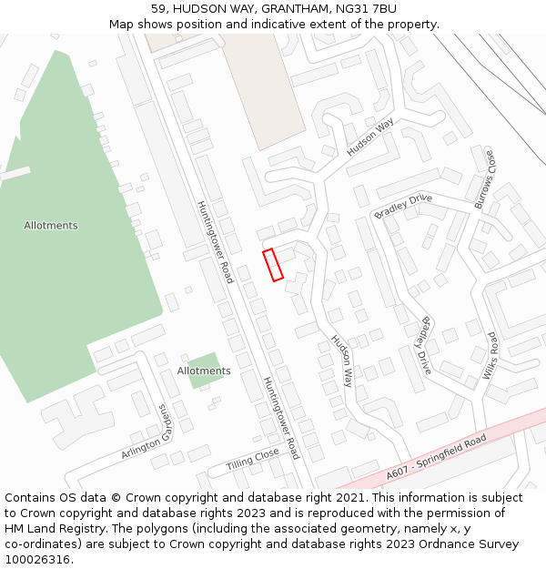 59, HUDSON WAY, GRANTHAM, NG31 7BU: Location map and indicative extent of plot