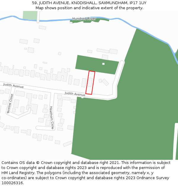 59, JUDITH AVENUE, KNODISHALL, SAXMUNDHAM, IP17 1UY: Location map and indicative extent of plot