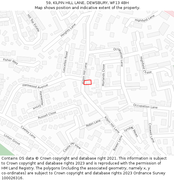 59, KILPIN HILL LANE, DEWSBURY, WF13 4BH: Location map and indicative extent of plot