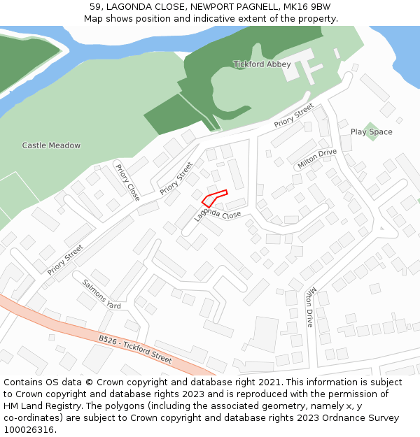 59, LAGONDA CLOSE, NEWPORT PAGNELL, MK16 9BW: Location map and indicative extent of plot