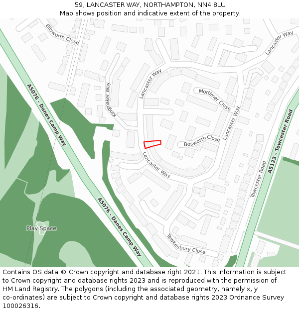 59, LANCASTER WAY, NORTHAMPTON, NN4 8LU: Location map and indicative extent of plot