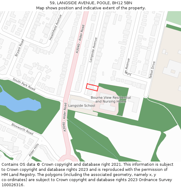59, LANGSIDE AVENUE, POOLE, BH12 5BN: Location map and indicative extent of plot