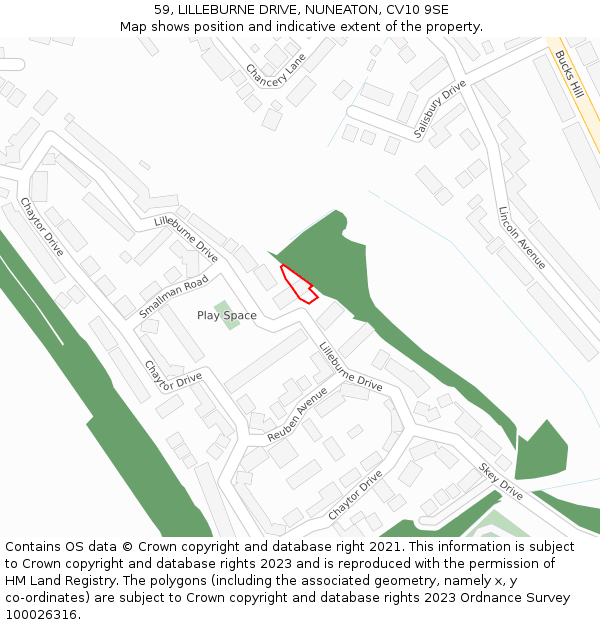 59, LILLEBURNE DRIVE, NUNEATON, CV10 9SE: Location map and indicative extent of plot