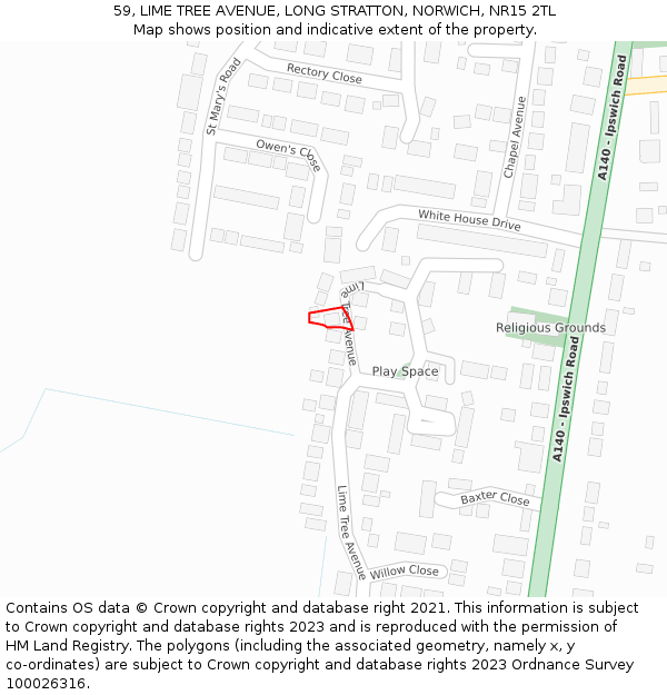 59, LIME TREE AVENUE, LONG STRATTON, NORWICH, NR15 2TL: Location map and indicative extent of plot