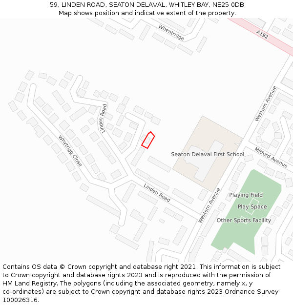 59, LINDEN ROAD, SEATON DELAVAL, WHITLEY BAY, NE25 0DB: Location map and indicative extent of plot