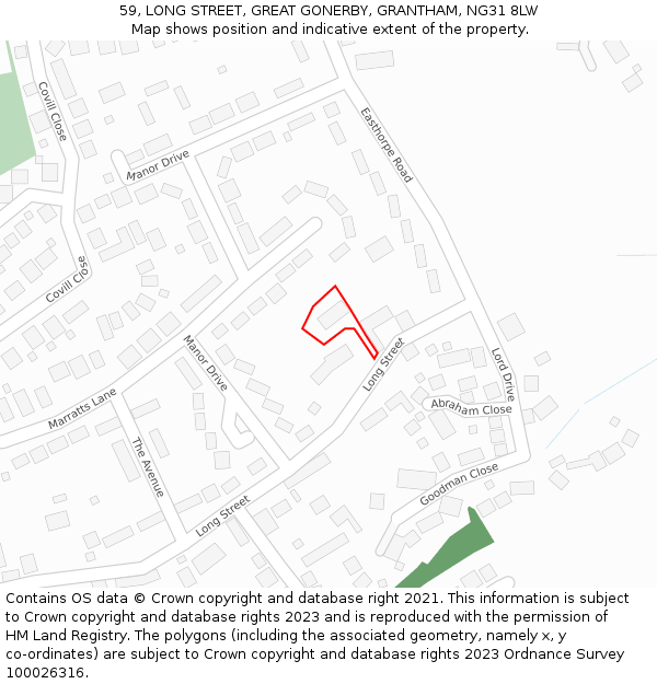 59, LONG STREET, GREAT GONERBY, GRANTHAM, NG31 8LW: Location map and indicative extent of plot