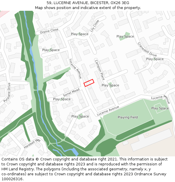 59, LUCERNE AVENUE, BICESTER, OX26 3EG: Location map and indicative extent of plot