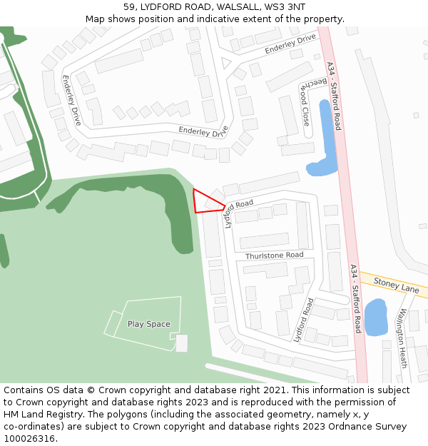 59, LYDFORD ROAD, WALSALL, WS3 3NT: Location map and indicative extent of plot