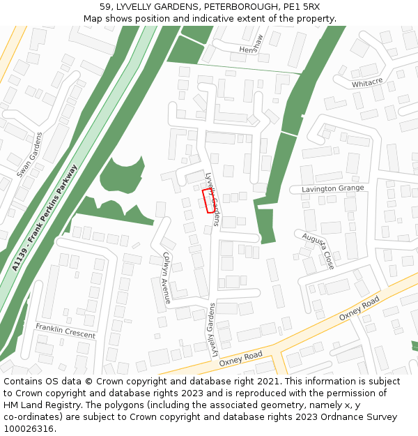 59, LYVELLY GARDENS, PETERBOROUGH, PE1 5RX: Location map and indicative extent of plot