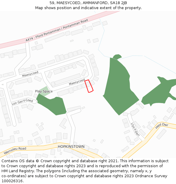 59, MAESYCOED, AMMANFORD, SA18 2JB: Location map and indicative extent of plot