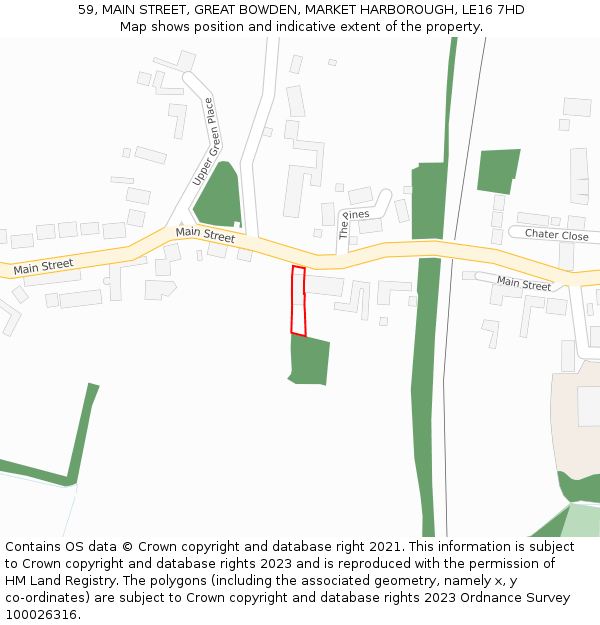 59, MAIN STREET, GREAT BOWDEN, MARKET HARBOROUGH, LE16 7HD: Location map and indicative extent of plot