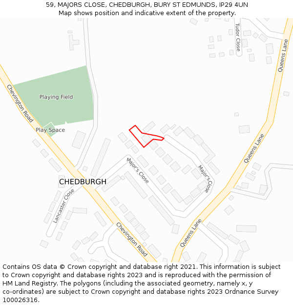 59, MAJORS CLOSE, CHEDBURGH, BURY ST EDMUNDS, IP29 4UN: Location map and indicative extent of plot