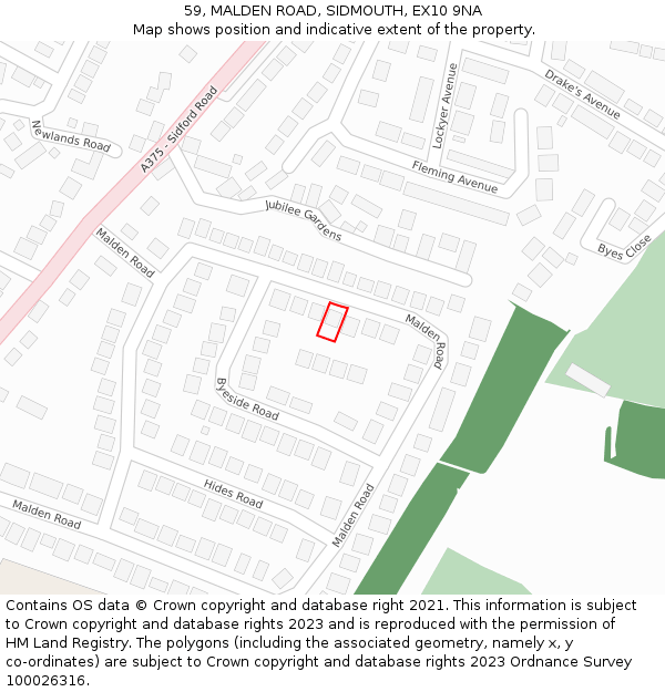 59, MALDEN ROAD, SIDMOUTH, EX10 9NA: Location map and indicative extent of plot