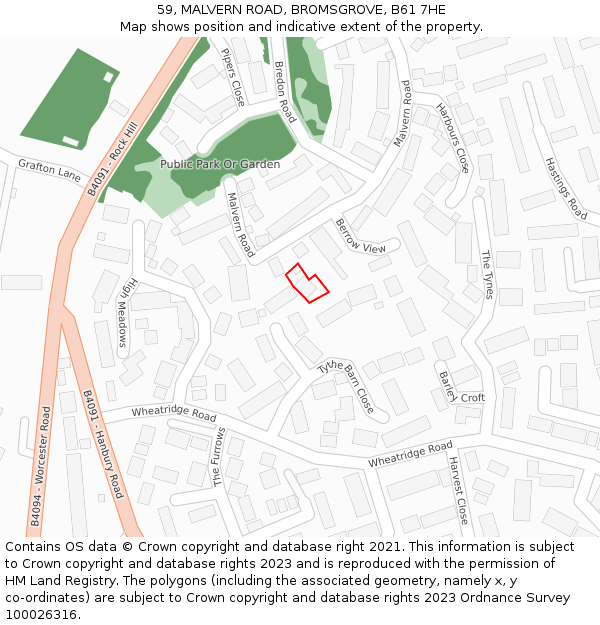 59, MALVERN ROAD, BROMSGROVE, B61 7HE: Location map and indicative extent of plot