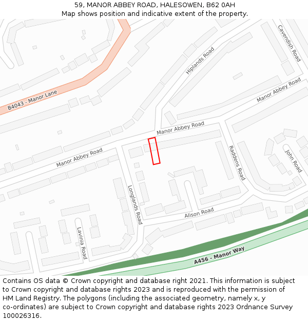 59, MANOR ABBEY ROAD, HALESOWEN, B62 0AH: Location map and indicative extent of plot