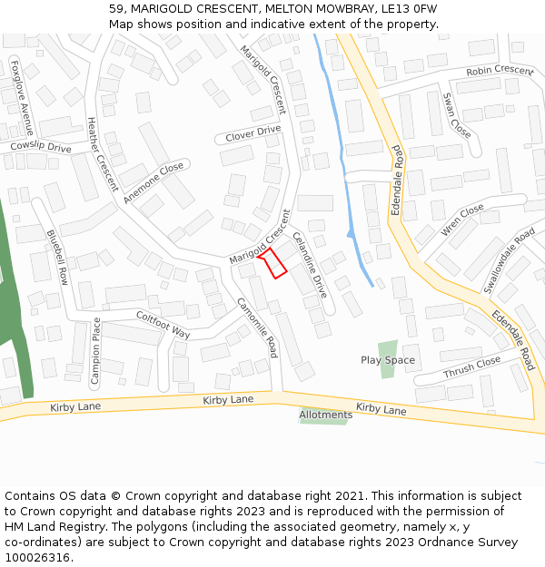 59, MARIGOLD CRESCENT, MELTON MOWBRAY, LE13 0FW: Location map and indicative extent of plot