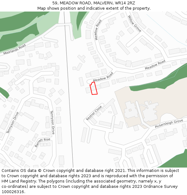 59, MEADOW ROAD, MALVERN, WR14 2RZ: Location map and indicative extent of plot