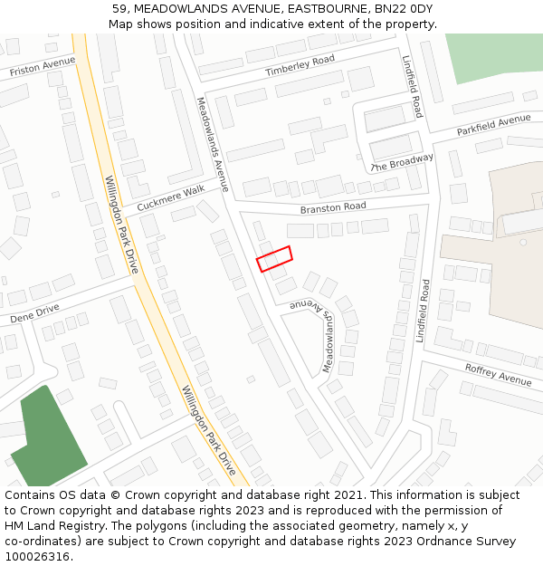 59, MEADOWLANDS AVENUE, EASTBOURNE, BN22 0DY: Location map and indicative extent of plot