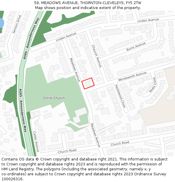 59, MEADOWS AVENUE, THORNTON-CLEVELEYS, FY5 2TW: Location map and indicative extent of plot
