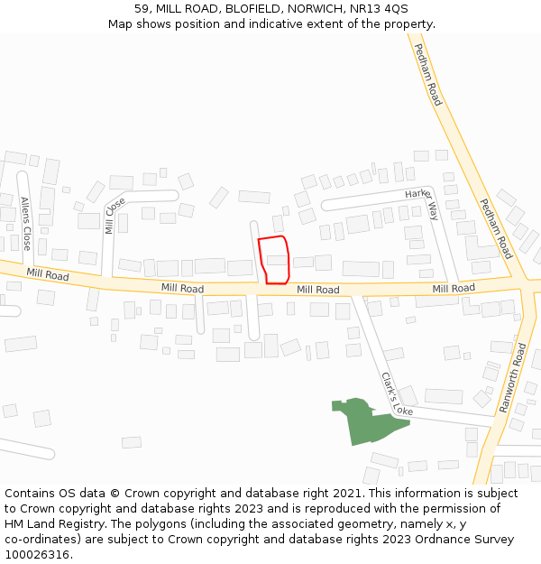 59, MILL ROAD, BLOFIELD, NORWICH, NR13 4QS: Location map and indicative extent of plot