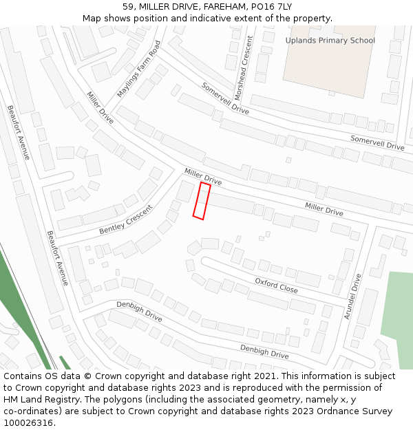 59, MILLER DRIVE, FAREHAM, PO16 7LY: Location map and indicative extent of plot