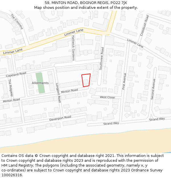 59, MINTON ROAD, BOGNOR REGIS, PO22 7JX: Location map and indicative extent of plot