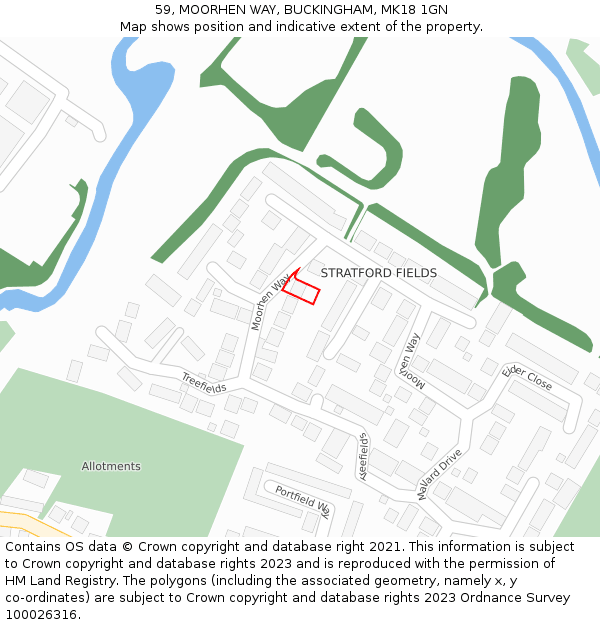 59, MOORHEN WAY, BUCKINGHAM, MK18 1GN: Location map and indicative extent of plot