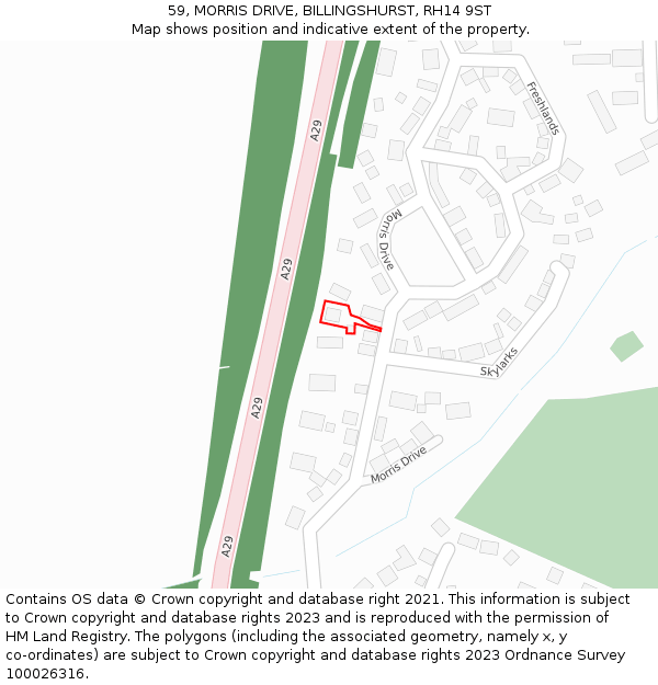 59, MORRIS DRIVE, BILLINGSHURST, RH14 9ST: Location map and indicative extent of plot