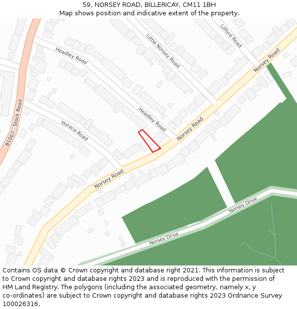 59, NORSEY ROAD, BILLERICAY, CM11 1BH: Location map and indicative extent of plot