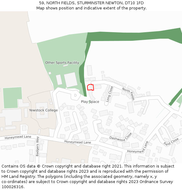 59, NORTH FIELDS, STURMINSTER NEWTON, DT10 1FD: Location map and indicative extent of plot