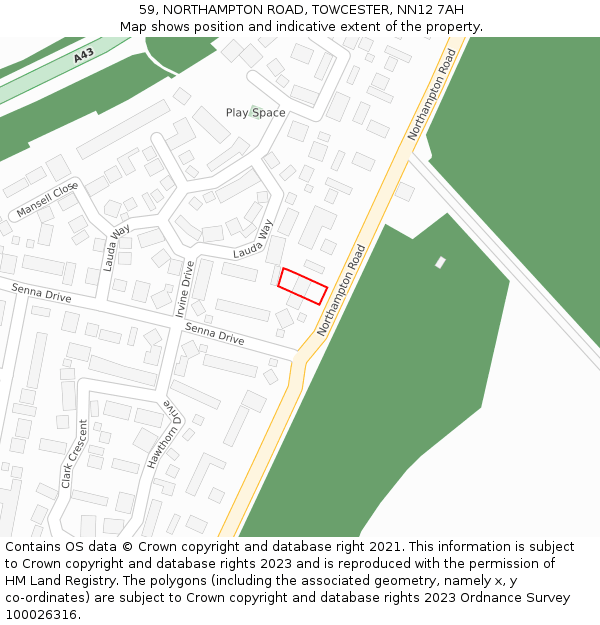 59, NORTHAMPTON ROAD, TOWCESTER, NN12 7AH: Location map and indicative extent of plot