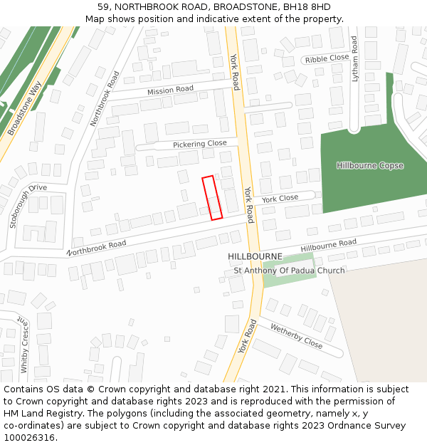 59, NORTHBROOK ROAD, BROADSTONE, BH18 8HD: Location map and indicative extent of plot