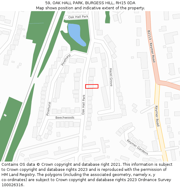 59, OAK HALL PARK, BURGESS HILL, RH15 0DA: Location map and indicative extent of plot