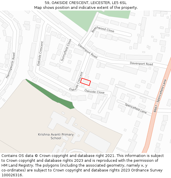 59, OAKSIDE CRESCENT, LEICESTER, LE5 6SL: Location map and indicative extent of plot