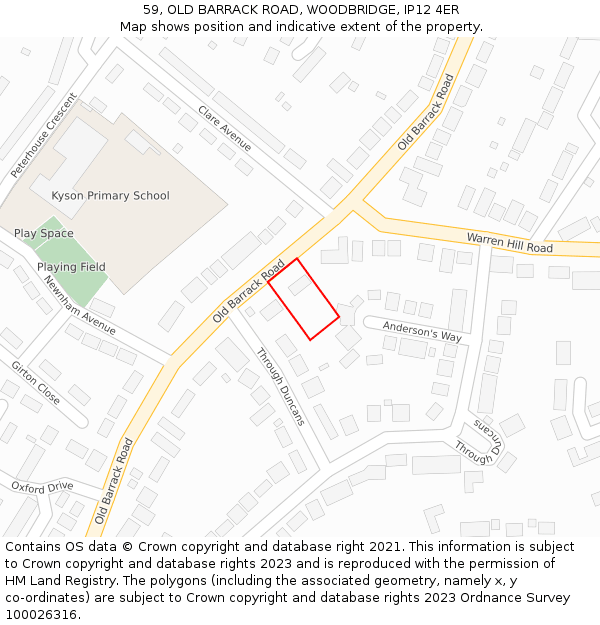 59, OLD BARRACK ROAD, WOODBRIDGE, IP12 4ER: Location map and indicative extent of plot
