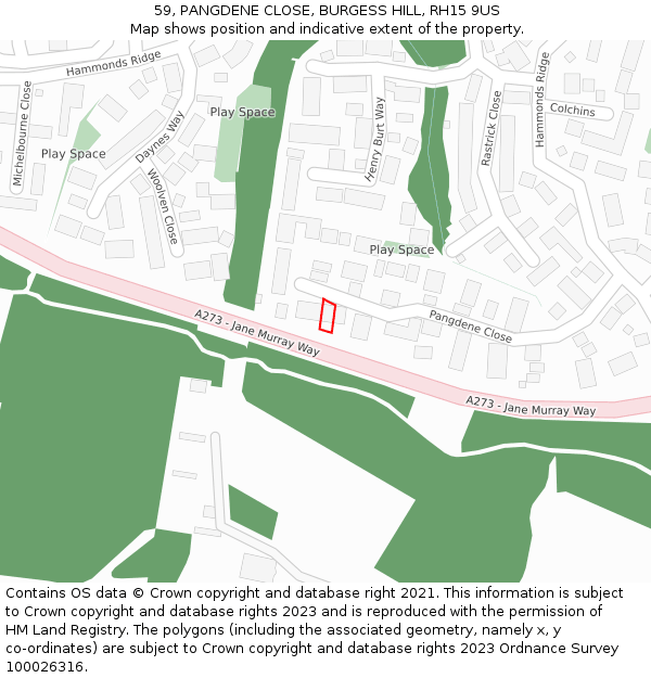 59, PANGDENE CLOSE, BURGESS HILL, RH15 9US: Location map and indicative extent of plot