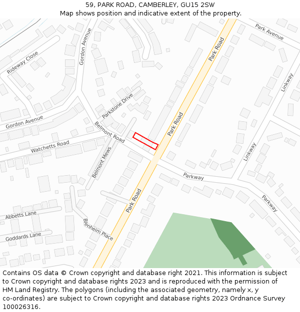59, PARK ROAD, CAMBERLEY, GU15 2SW: Location map and indicative extent of plot