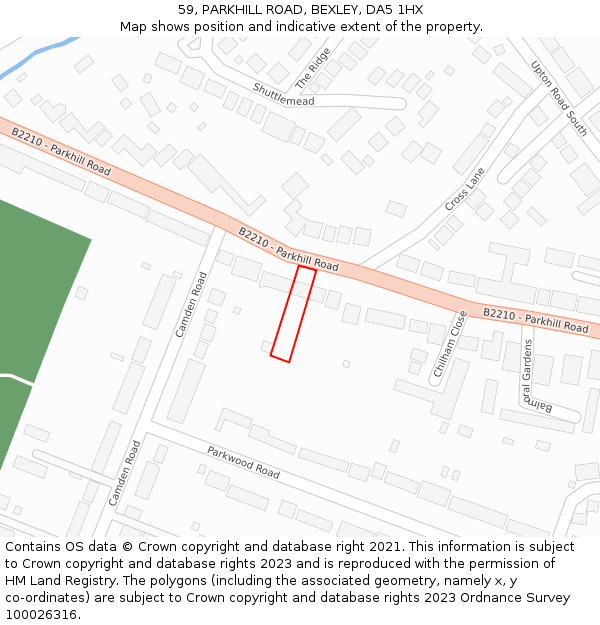 59, PARKHILL ROAD, BEXLEY, DA5 1HX: Location map and indicative extent of plot