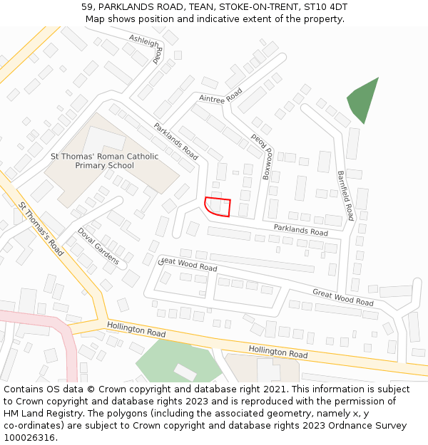 59, PARKLANDS ROAD, TEAN, STOKE-ON-TRENT, ST10 4DT: Location map and indicative extent of plot