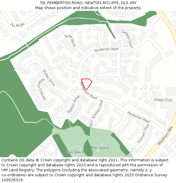 59, PEMBERTON ROAD, NEWTON AYCLIFFE, DL5 4RY: Location map and indicative extent of plot