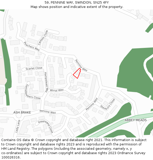 59, PENNINE WAY, SWINDON, SN25 4FY: Location map and indicative extent of plot