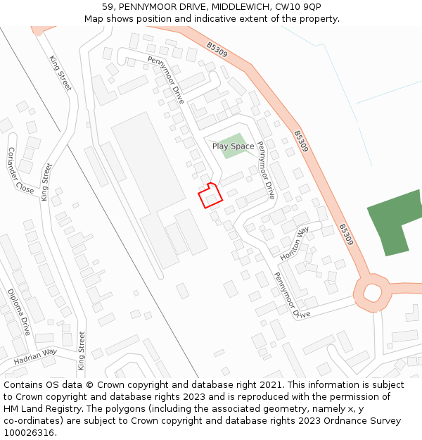 59, PENNYMOOR DRIVE, MIDDLEWICH, CW10 9QP: Location map and indicative extent of plot