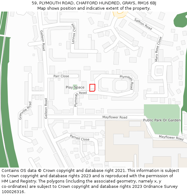 59, PLYMOUTH ROAD, CHAFFORD HUNDRED, GRAYS, RM16 6BJ: Location map and indicative extent of plot