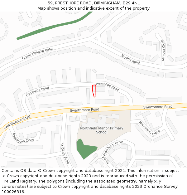 59, PRESTHOPE ROAD, BIRMINGHAM, B29 4NL: Location map and indicative extent of plot