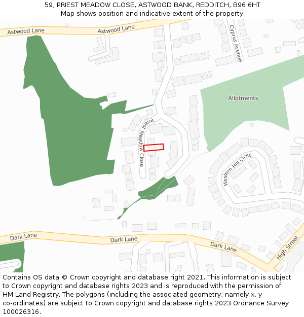 59, PRIEST MEADOW CLOSE, ASTWOOD BANK, REDDITCH, B96 6HT: Location map and indicative extent of plot