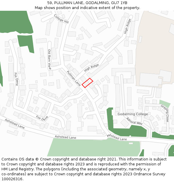 59, PULLMAN LANE, GODALMING, GU7 1YB: Location map and indicative extent of plot